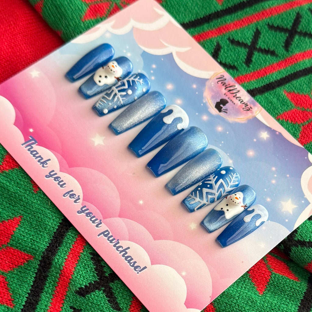 Melted Snowman Press On Nails – Blue Jelly Cat Eye Winter Holiday Set - Nail Dreamz by AishaMLT-CHS