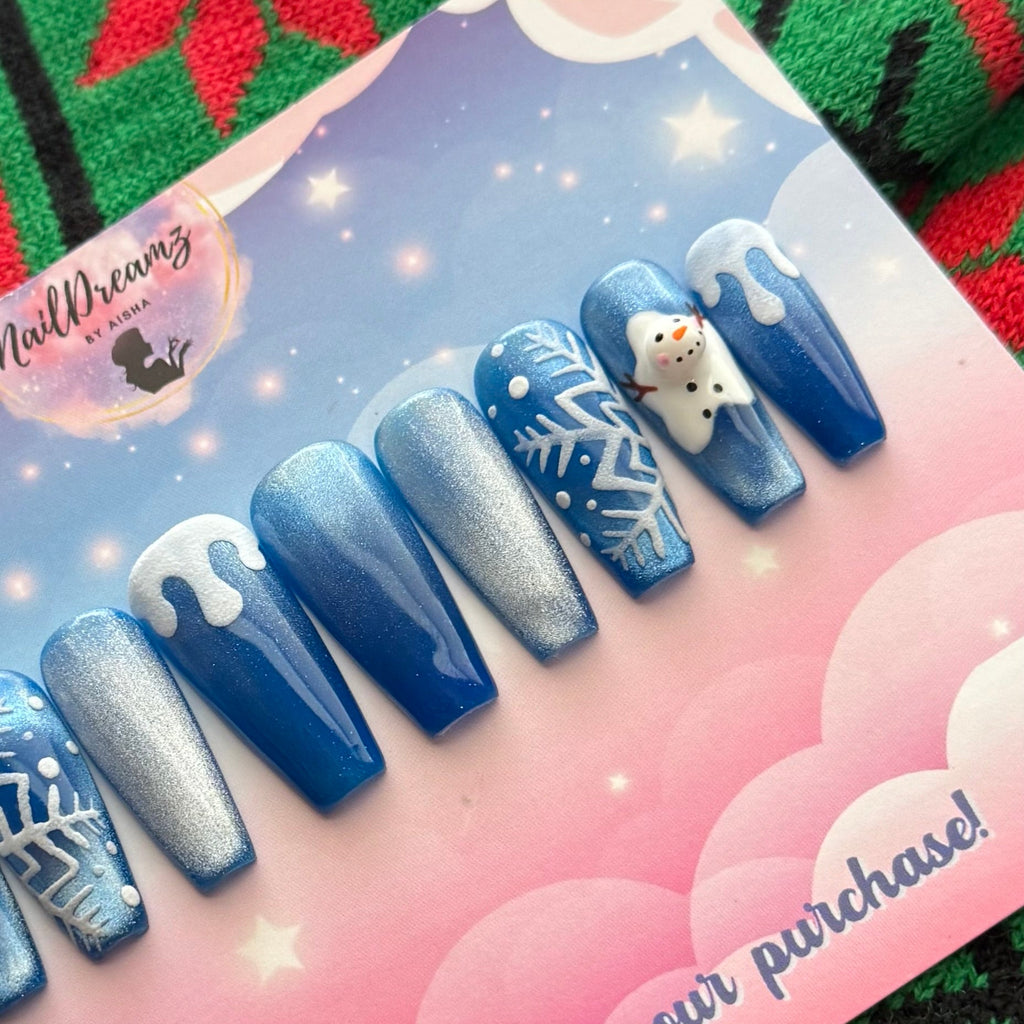 Melted Snowman Press On Nails – Blue Jelly Cat Eye Winter Holiday Set - Nail Dreamz by AishaMLT-CHS
