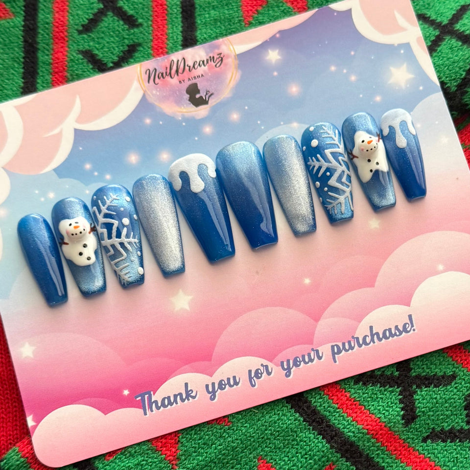 Melted Snowman Press On Nails – Blue Jelly Cat Eye Winter Holiday Set - Nail Dreamz by AishaMLT-CHS