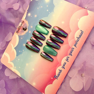 Mystic Purple Chrome Nails – Teal Cat Eye Stripe Press Ons - Nail Dreamz by Aisha