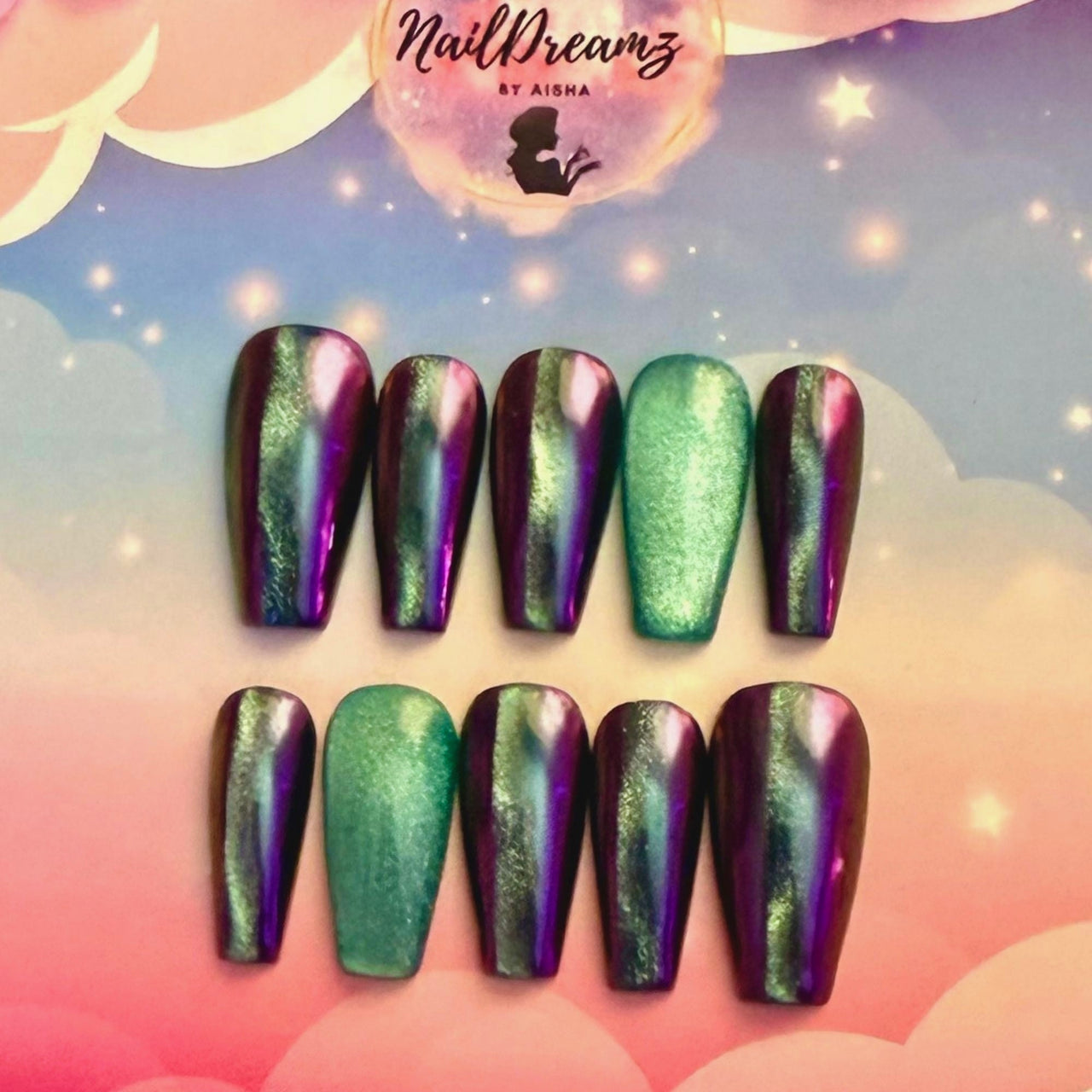 Mystic Purple Chrome Nails – Teal Cat Eye Stripe Press Ons - Nail Dreamz by Aisha