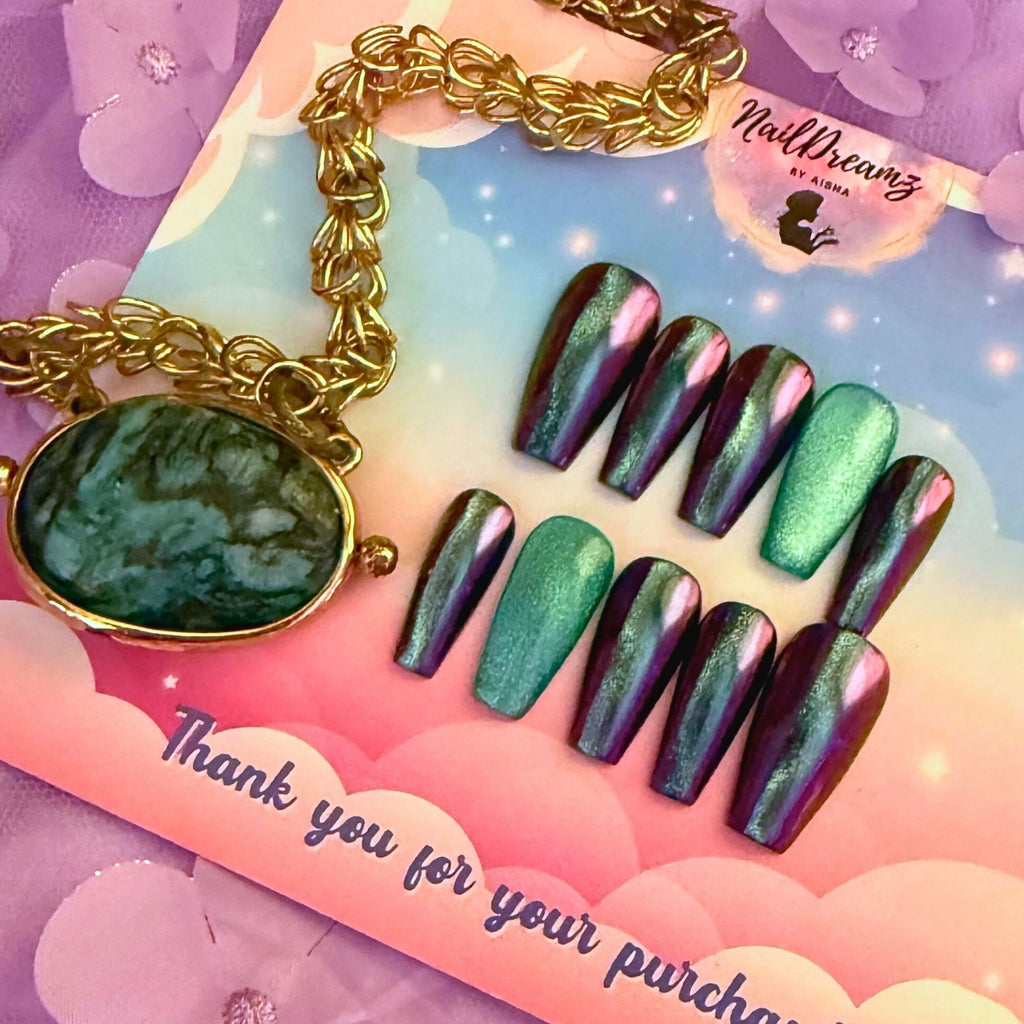 Mystic Purple Chrome Nails – Teal Cat Eye Stripe Press Ons - Nail Dreamz by Aisha