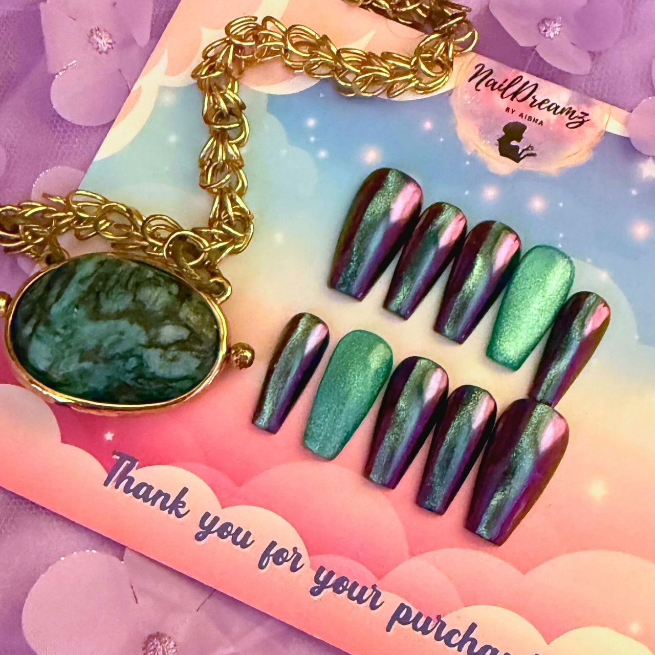Mystic Purple Chrome Nails – Teal Cat Eye Stripe Press Ons - Nail Dreamz by Aisha