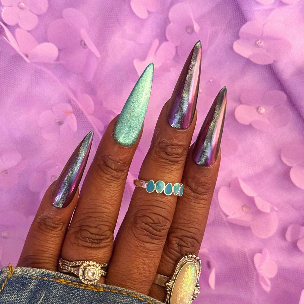 Mystic Purple Chrome Nails – Teal Cat Eye Stripe Press Ons - Nail Dreamz by Aisha