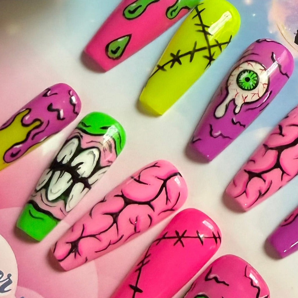 Neon Zombie Nails – Brains, Drips & Stitches - Nail Dreamz by AishaZMB - HAL