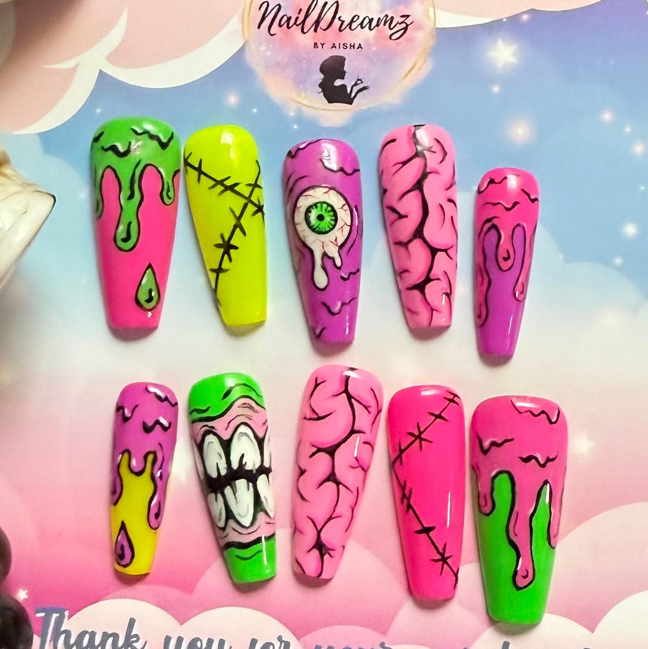 Neon Zombie Nails – Brains, Drips & Stitches - Nail Dreamz by AishaZMB - HAL