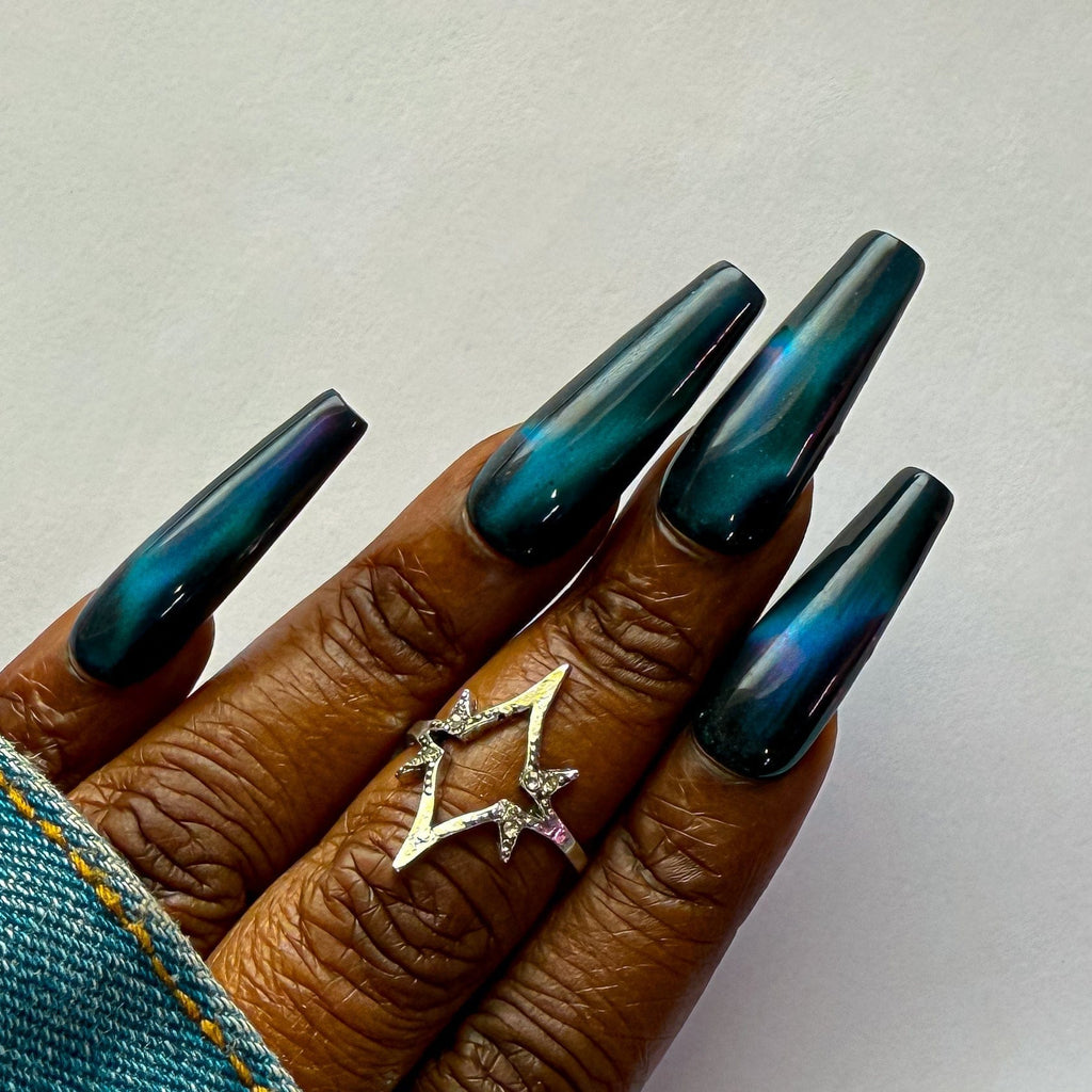 Northern Lights Aurora Nails – Hand - Painted Cat Eye Press On Nails ✨ - Nail Dreamz by AishaAUR - CAT