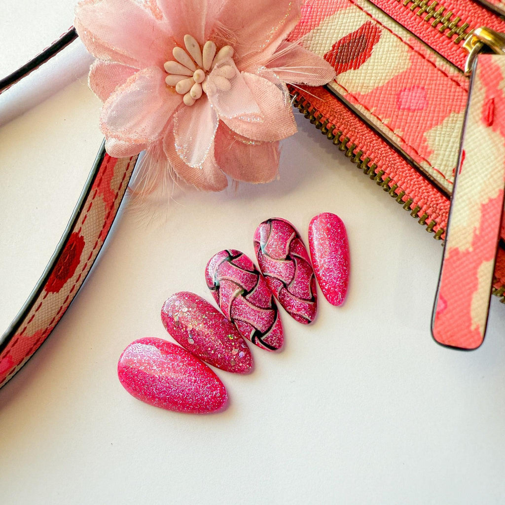 Pink Glitter Braided Press On Nails – Hand - Painted Luxury Nail Set - Nail Dreamz by AishaBRD - SPG
