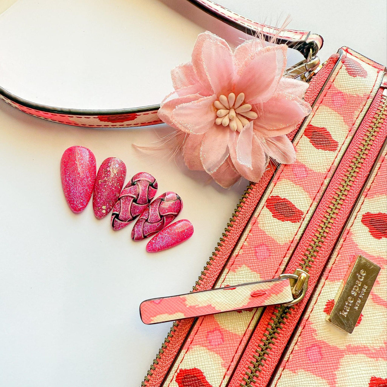 Pink Glitter Braided Press On Nails – Hand - Painted Luxury Nail Set - Nail Dreamz by AishaBRD - SPG