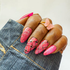 Pink Glitter Braided Press On Nails – Hand - Painted Luxury Nail Set - Nail Dreamz by AishaBRD - SPG