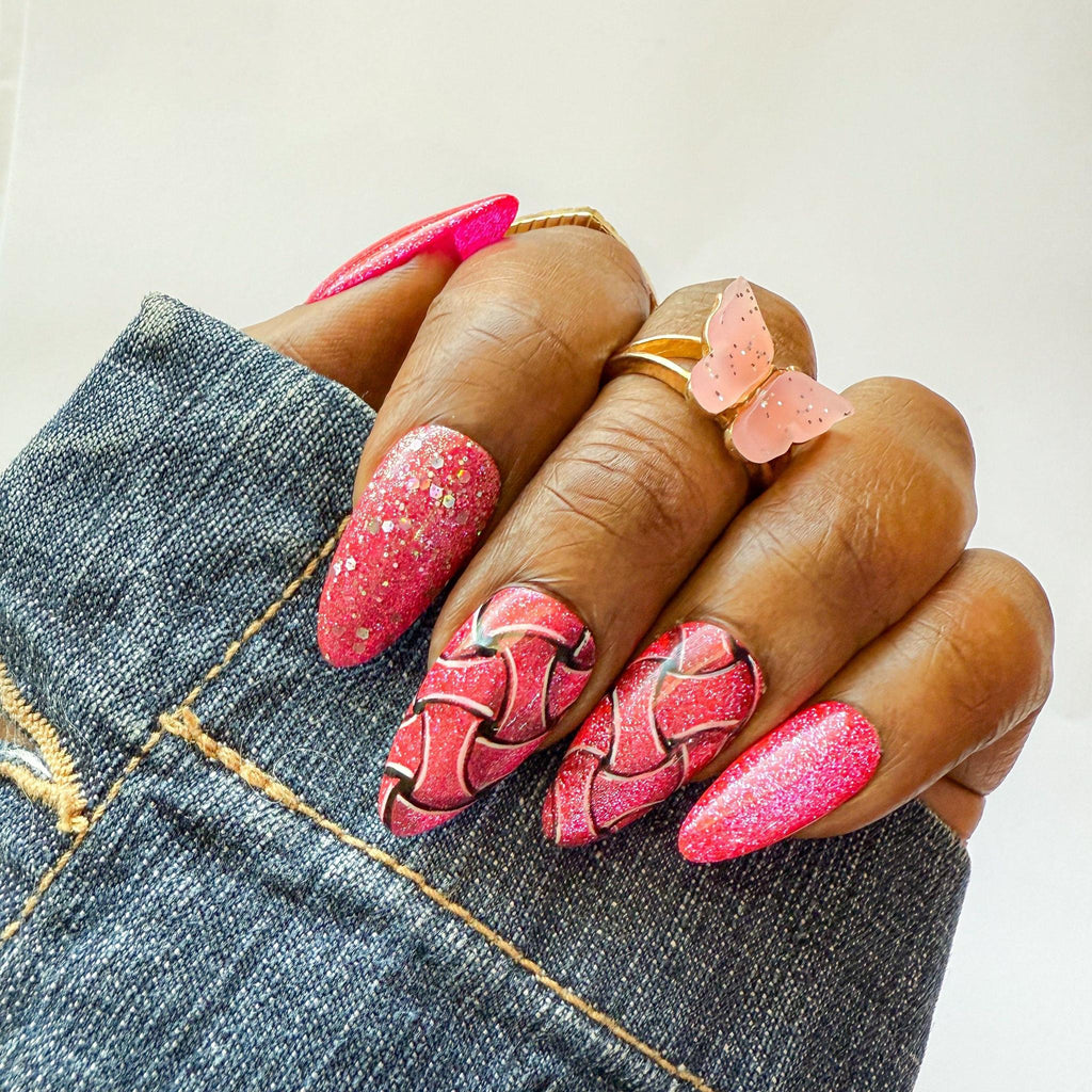 Pink Glitter Braided Press On Nails – Hand - Painted Luxury Nail Set - Nail Dreamz by AishaBRD - SPG