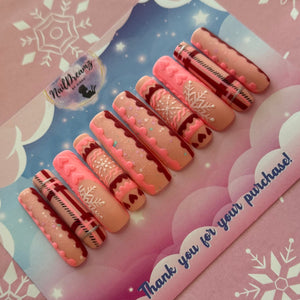 Pink Holiday Sweater Nails | Cozy 3D Hearts & Snowflakes Press On Set - Nail Dreamz by AishaSWT-CHS-PNK