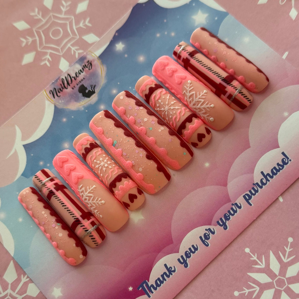 Pink Holiday Sweater Nails | Cozy 3D Hearts & Snowflakes Press On Set - Nail Dreamz by AishaSWT-CHS-PNK