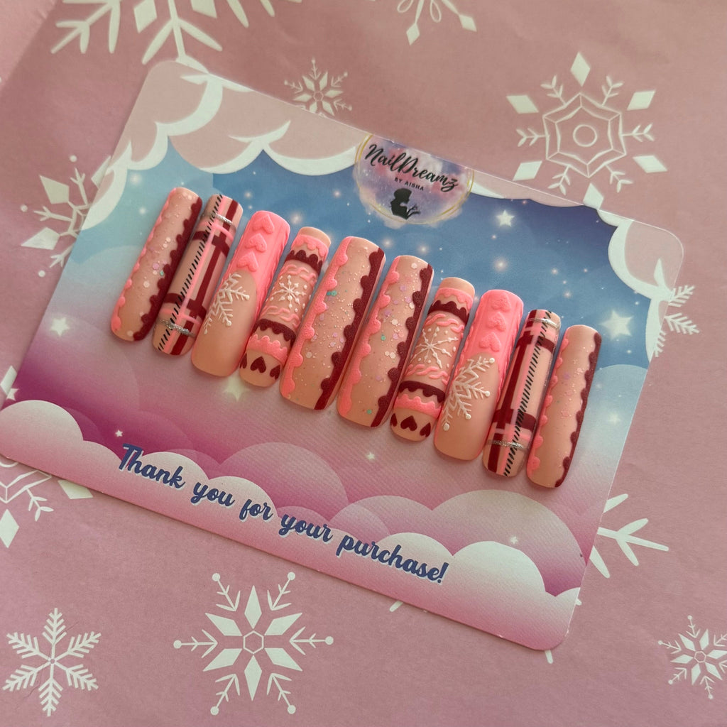 Pink Holiday Sweater Nails | Cozy 3D Hearts & Snowflakes Press On Set - Nail Dreamz by AishaSWT-CHS-PNK
