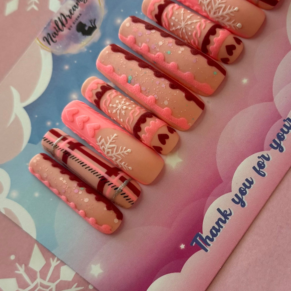 Pink Holiday Sweater Nails | Cozy 3D Hearts & Snowflakes Press On Set - Nail Dreamz by AishaSWT-CHS-PNK
