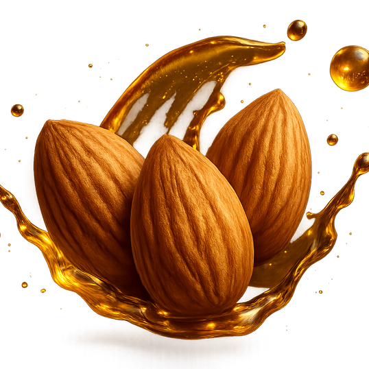 Realistic almonds with golden glossy liquid around it like its being splashed on them from behind, oil droplets glowing around them, macro beauty ad style,  luxury skincare aesthetic on transparent background