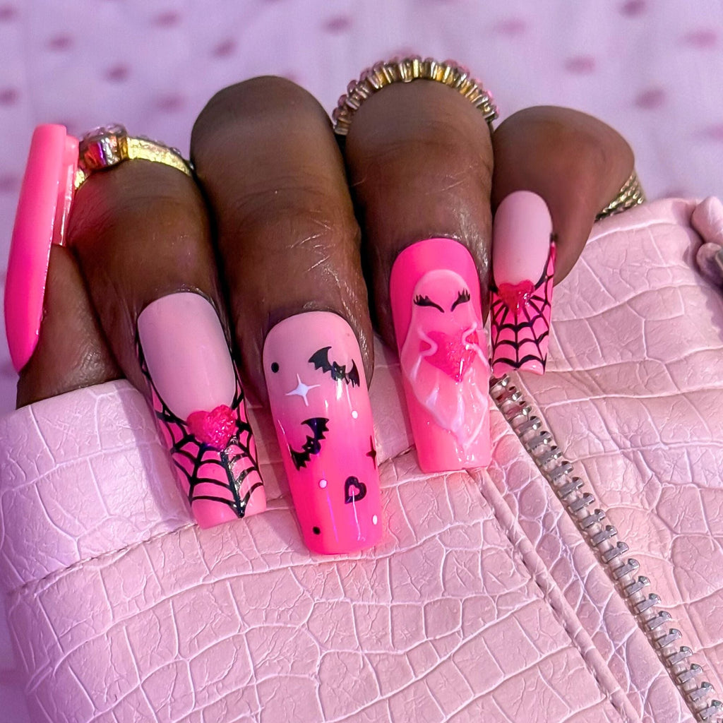 Spooky Cute Pink Ghost Nails – 3D Halloween Press On Nails - Nail Dreamz by AishaCTE - HAL