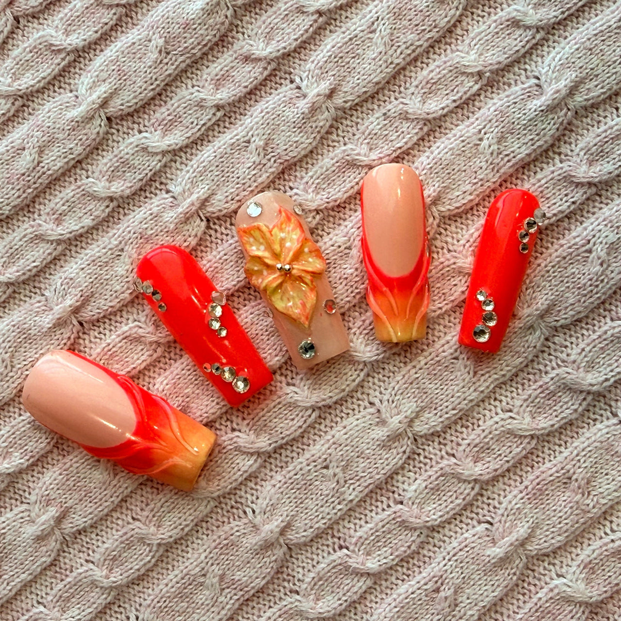 Sunset Bloom Press On Nails – Coral Orange Ombre with 3D Flower - Nail Dreamz by Aisha