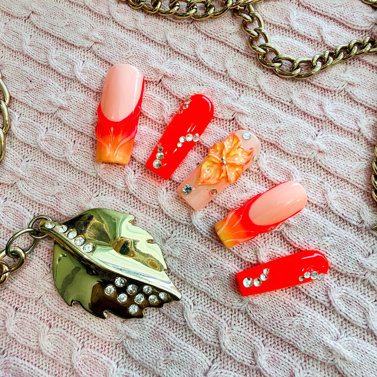 Sunset Bloom Press On Nails – Coral Orange Ombre with 3D Flower - Nail Dreamz by Aisha