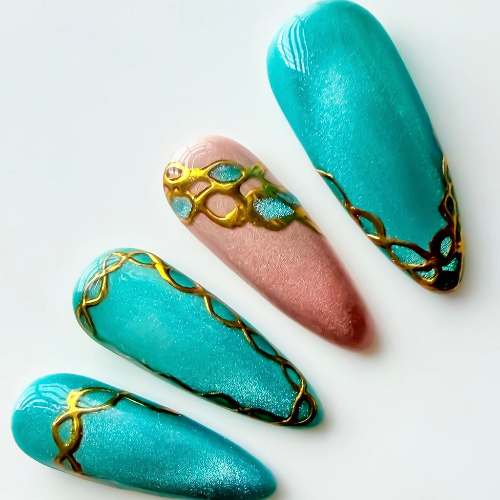 Teal Treasure Cat Eye Press On Nails with Gold Details - Nail Dreamz by Aisha
