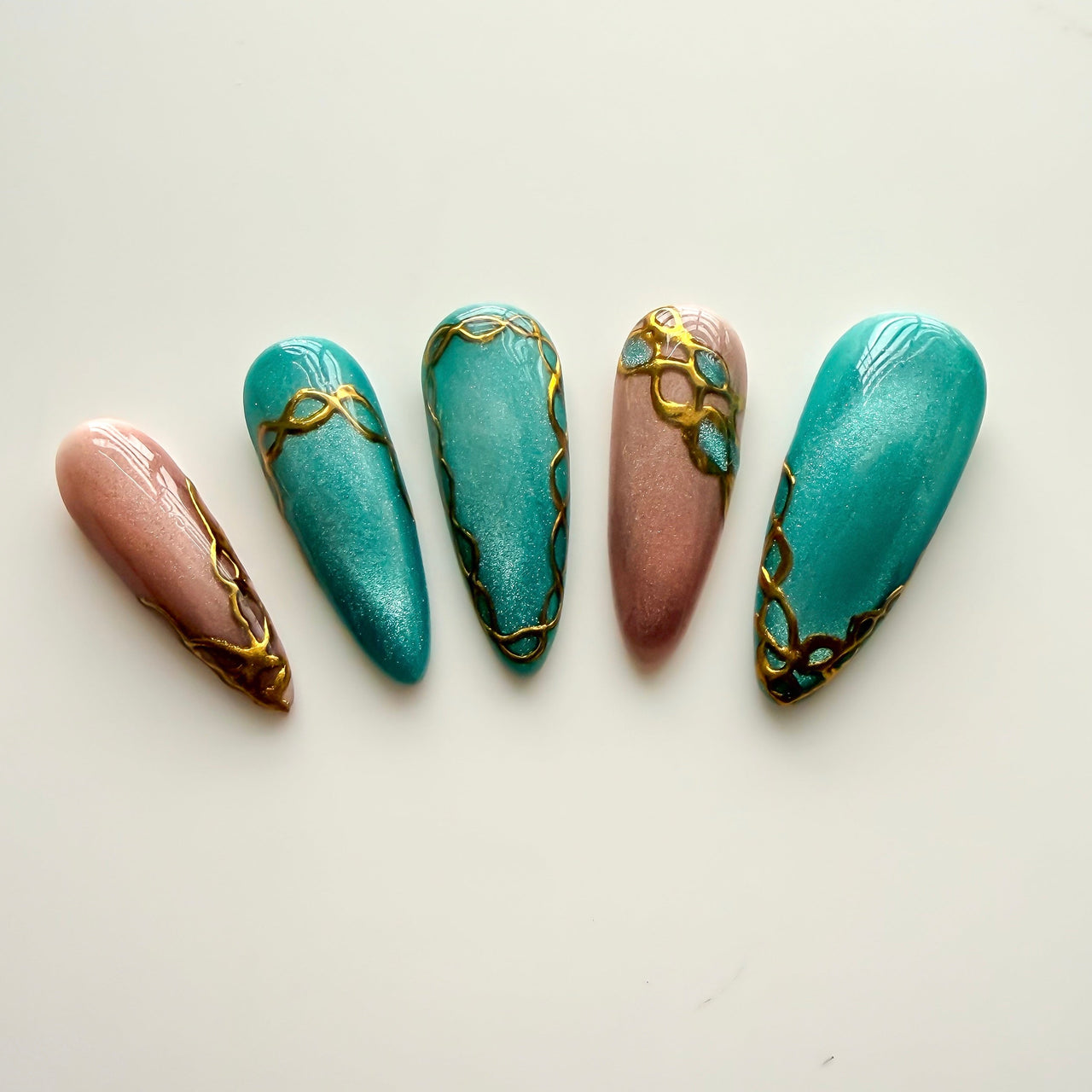 Teal Treasure Cat Eye Press On Nails with Gold Details - Nail Dreamz by Aisha