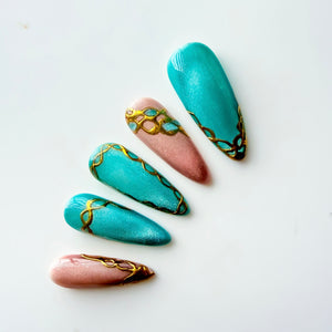 Teal Treasure Cat Eye Press On Nails with Gold Details - Nail Dreamz by Aisha