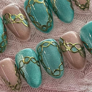 Teal Treasure Cat Eye Press On Nails with Gold Details - Nail Dreamz by Aisha