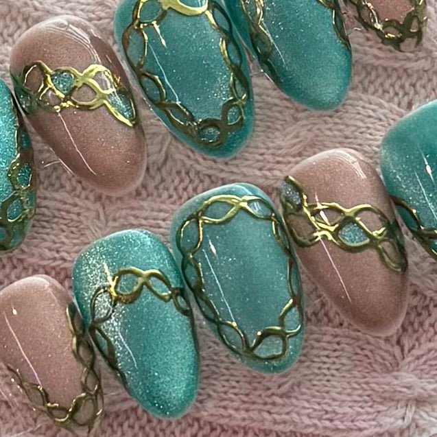 Teal Treasure Cat Eye Press On Nails with Gold Details - Nail Dreamz by Aisha