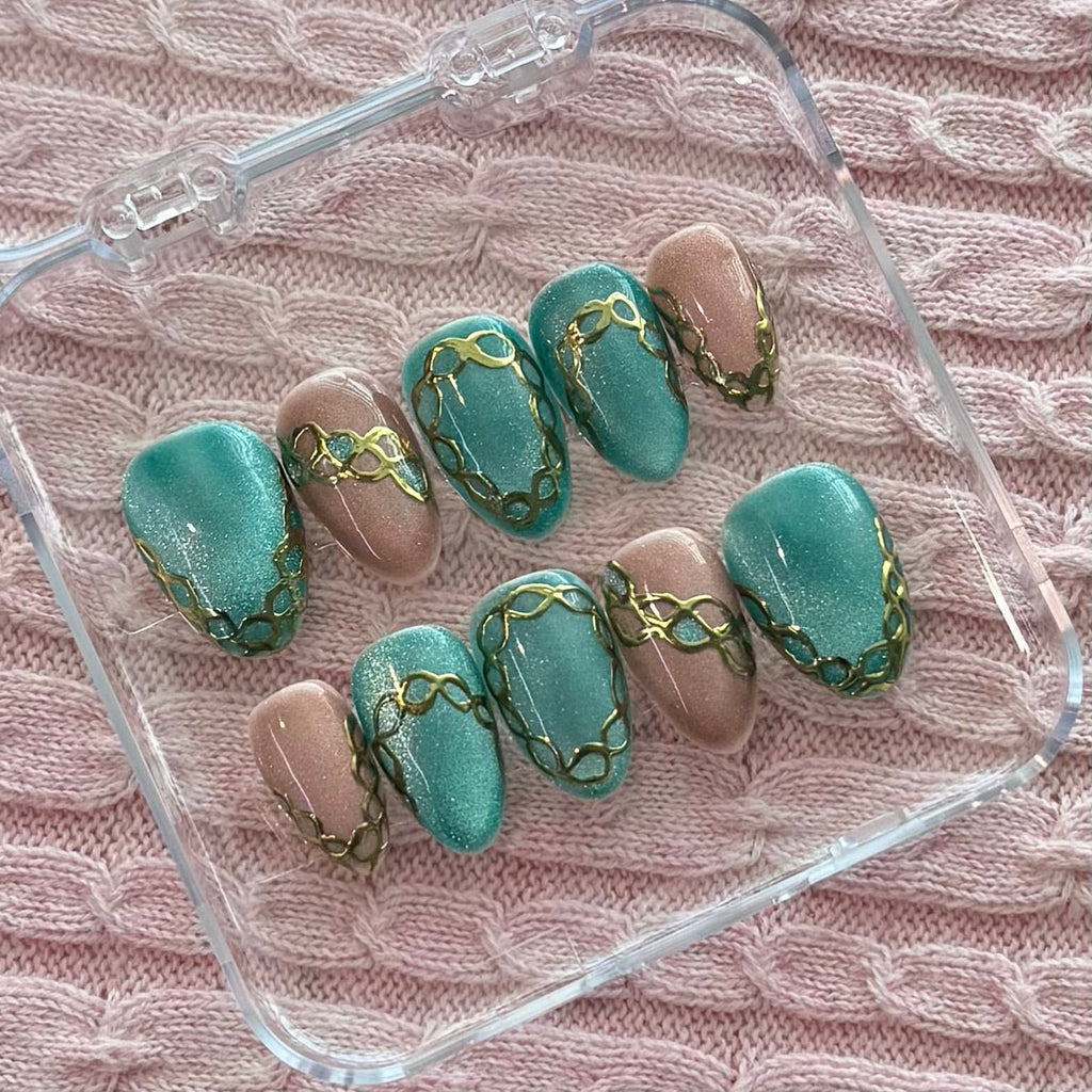 Teal Treasure Cat Eye Press On Nails with Gold Details - Nail Dreamz by Aisha