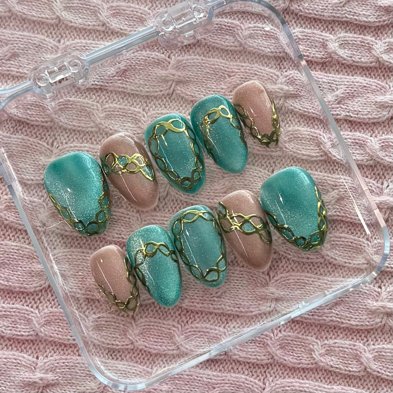 Teal Treasure Cat Eye Press On Nails with Gold Details - Nail Dreamz by Aisha