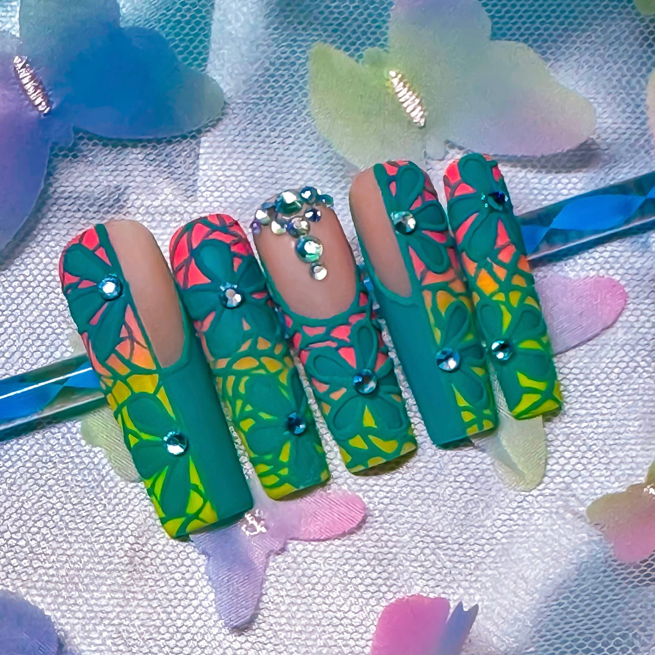 Tropical Bloom Press On Nails – Green Floral Rhinestone Set - Nail Dreamz by Aisha