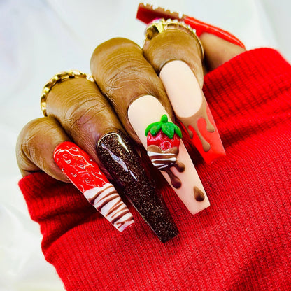 Valentine Chocolate Covered Strawberry Press On Nails - Nail Dreamz by AishaCHO-VAL-STR