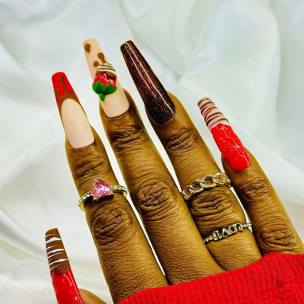 Valentine Chocolate Covered Strawberry Press On Nails - Nail Dreamz by AishaCHO-VAL-STR